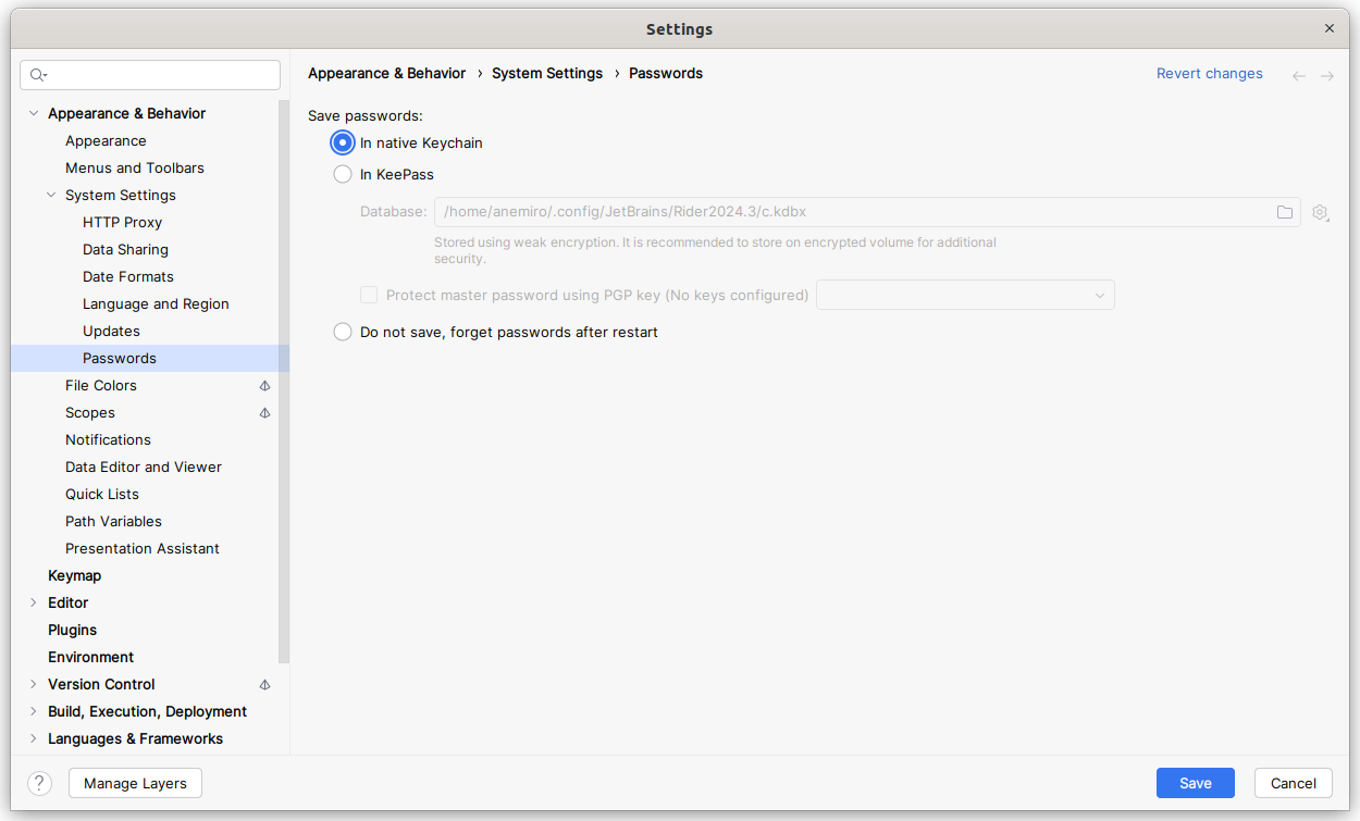 File | Settings | Appearance &amp; Behavior | System Settings | Passwords